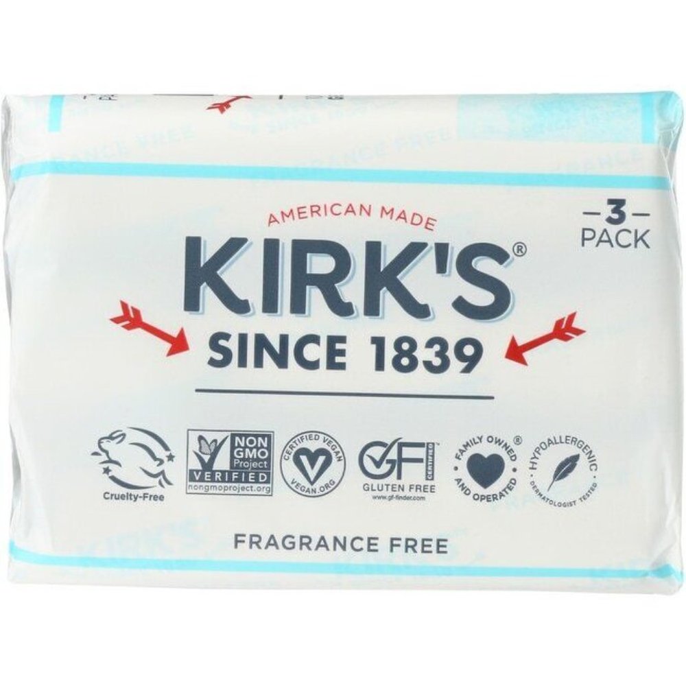 3 Bars Kirk's 100% Premium Coconut Oli Gentle Castile Soap - Fragrance Free